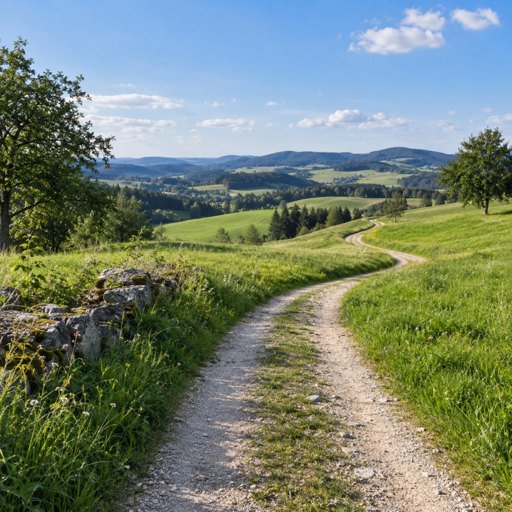 Ein Weg führt durch eine grüne, hügelige Landschaft.
